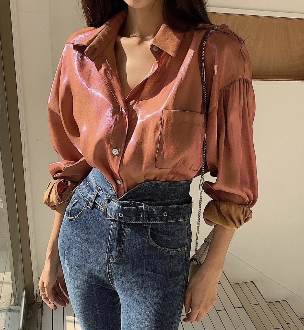 Puff Sleeves Single-breasted Gradient Loose Blouses