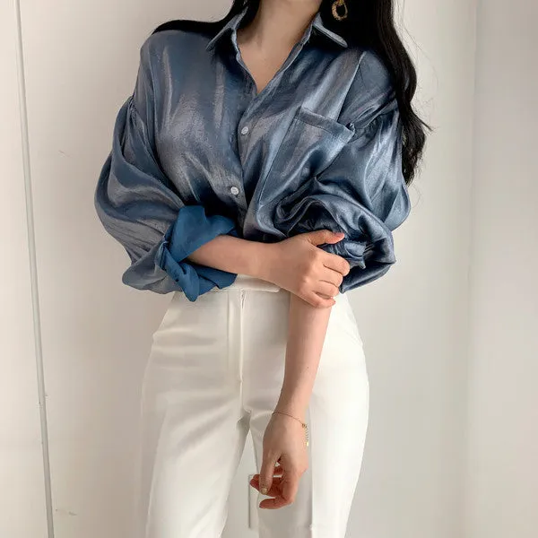 Puff Sleeves Single-breasted Gradient Loose Blouses