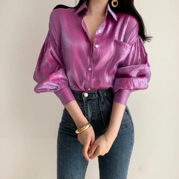 Puff Sleeves Single-breasted Gradient Loose Blouses