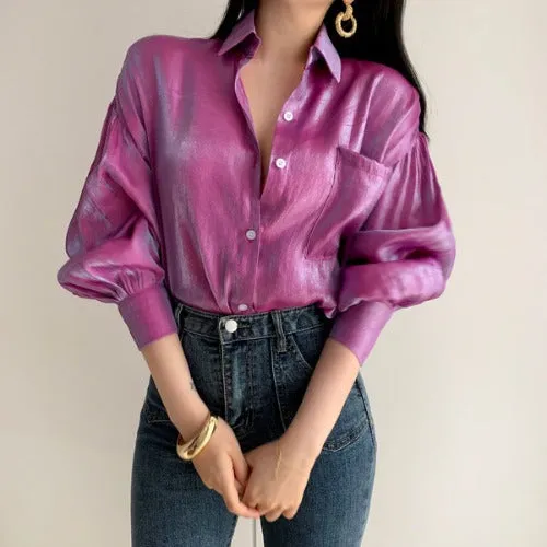 Puff Sleeves Single-breasted Gradient Loose Blouses