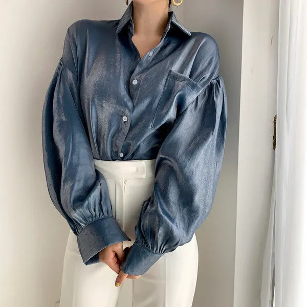 Puff Sleeves Single-breasted Gradient Loose Blouses