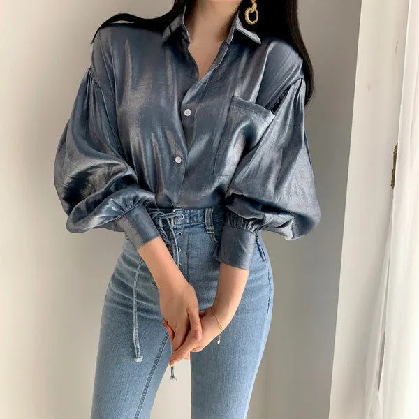 Puff Sleeves Single-breasted Gradient Loose Blouses
