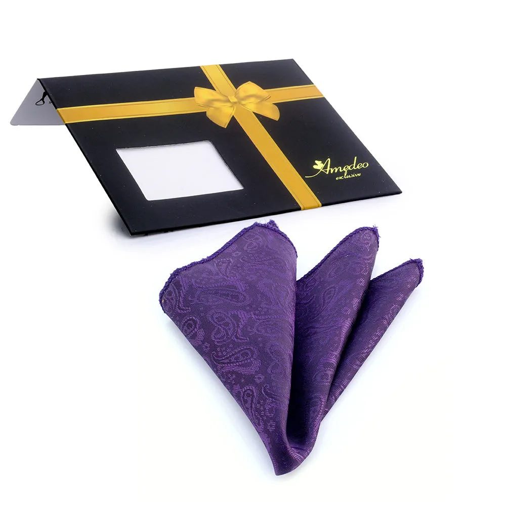 Purple Solid Paisley Mens Pocket Square - Premium Silk Handkerchiefs for Suits