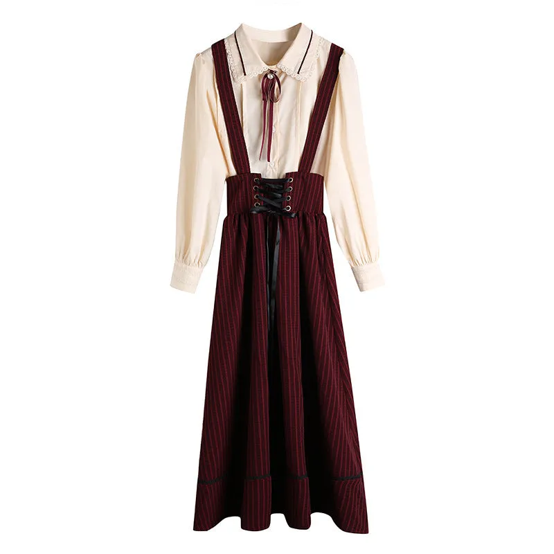 "LACE SHIRT & STRIPED SUSPENDER SKIRT" SET N102204