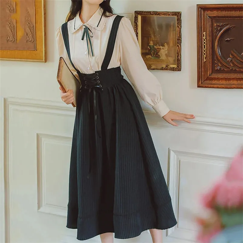 "LACE SHIRT & STRIPED SUSPENDER SKIRT" SET N102204