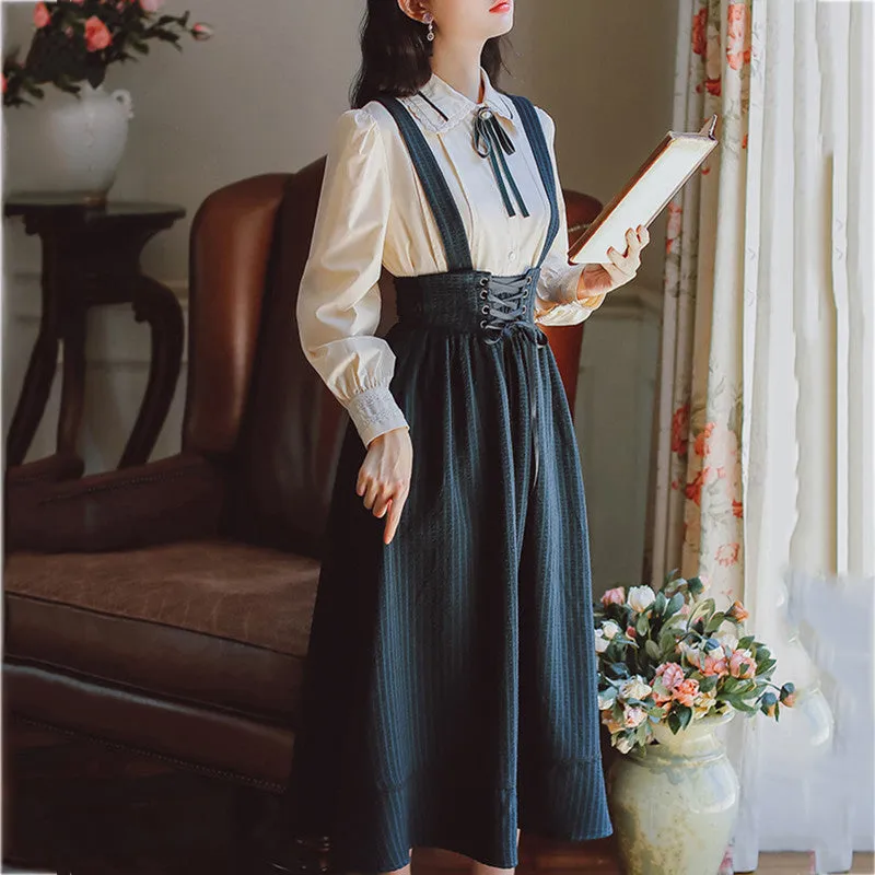 "LACE SHIRT & STRIPED SUSPENDER SKIRT" SET N102204