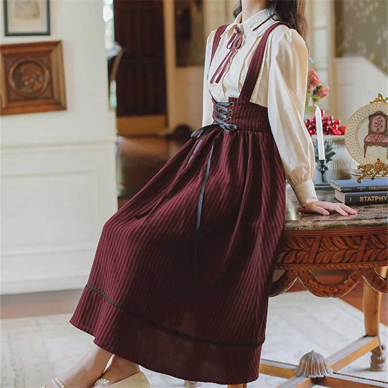 "LACE SHIRT & STRIPED SUSPENDER SKIRT" SET N102204