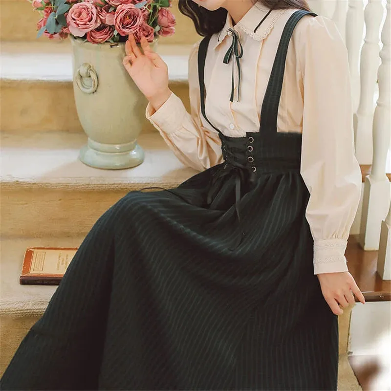 "LACE SHIRT & STRIPED SUSPENDER SKIRT" SET N102204