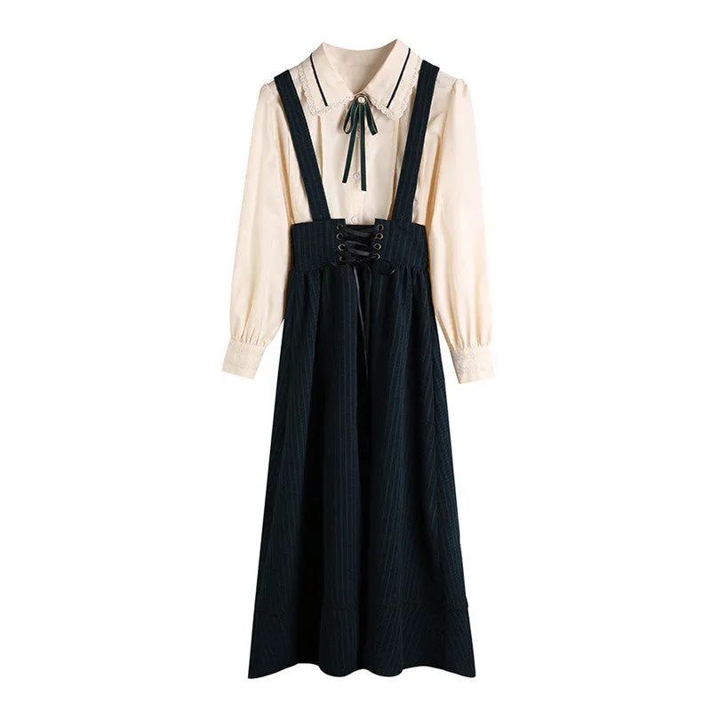 "LACE SHIRT & STRIPED SUSPENDER SKIRT" SET N102204