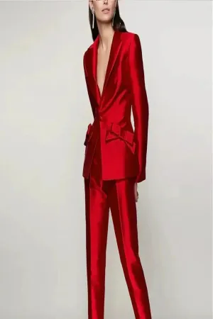 Red BowKnot Blazer and Pencil Pants Suit