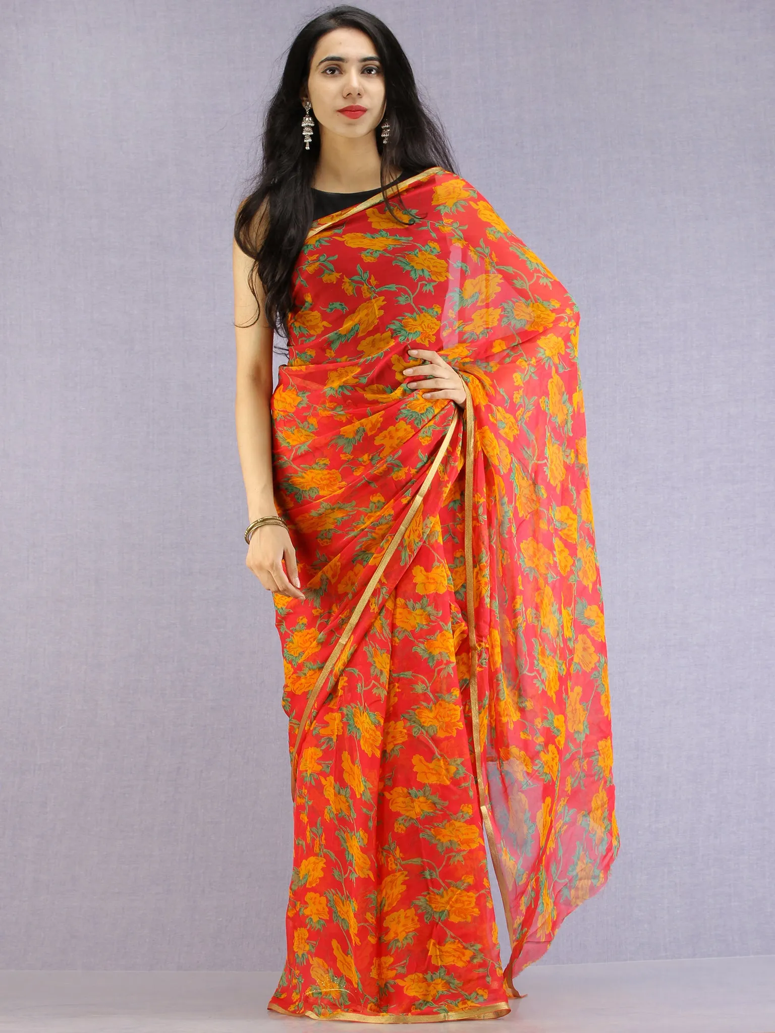 Red Green Yellow Hand Block Printed Chiffon Saree with Zari Border - S031704602