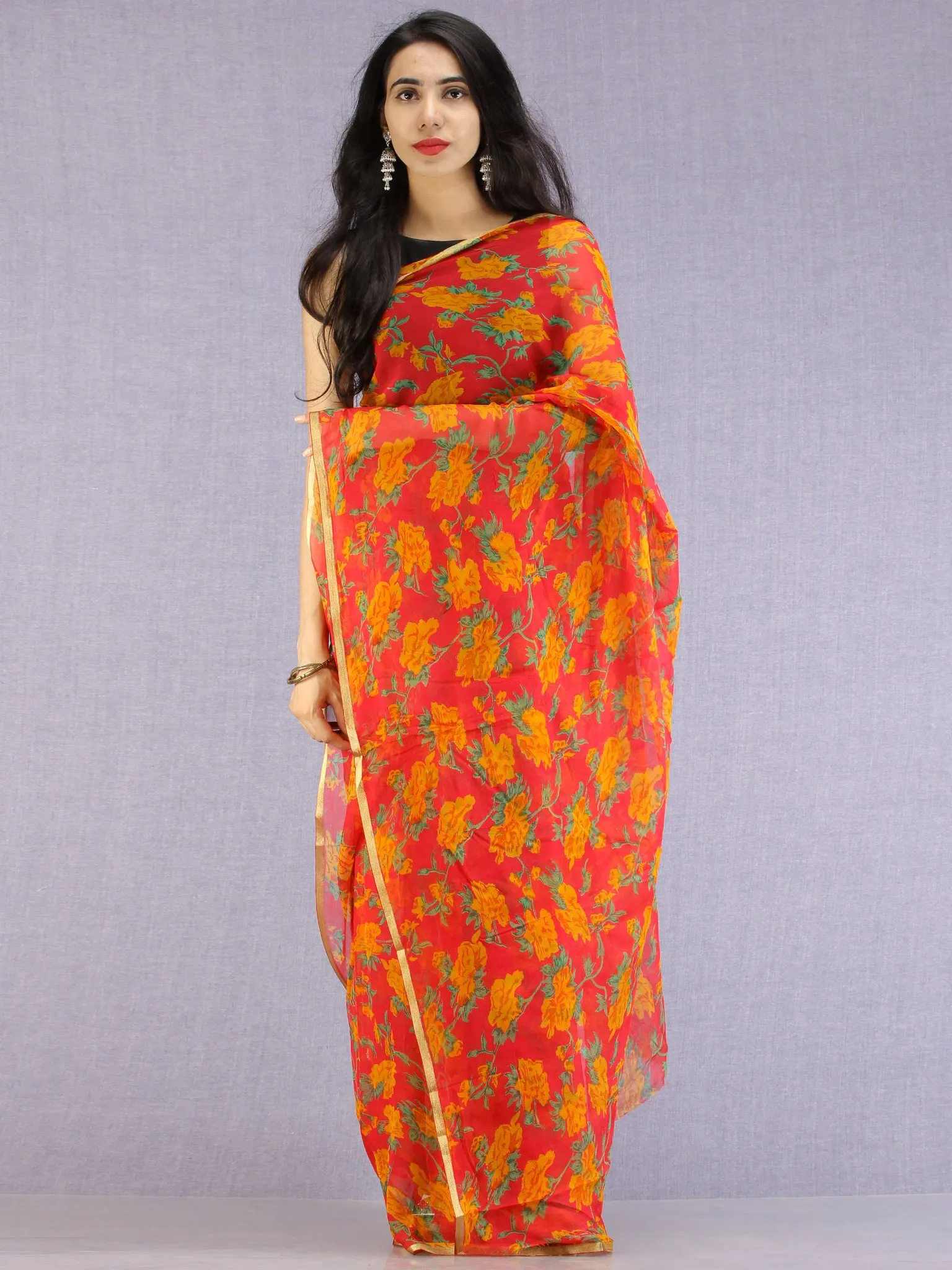 Red Green Yellow Hand Block Printed Chiffon Saree with Zari Border - S031704602