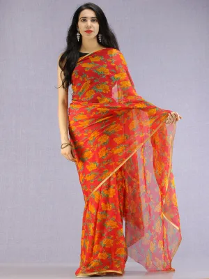 Red Green Yellow Hand Block Printed Chiffon Saree with Zari Border - S031704602