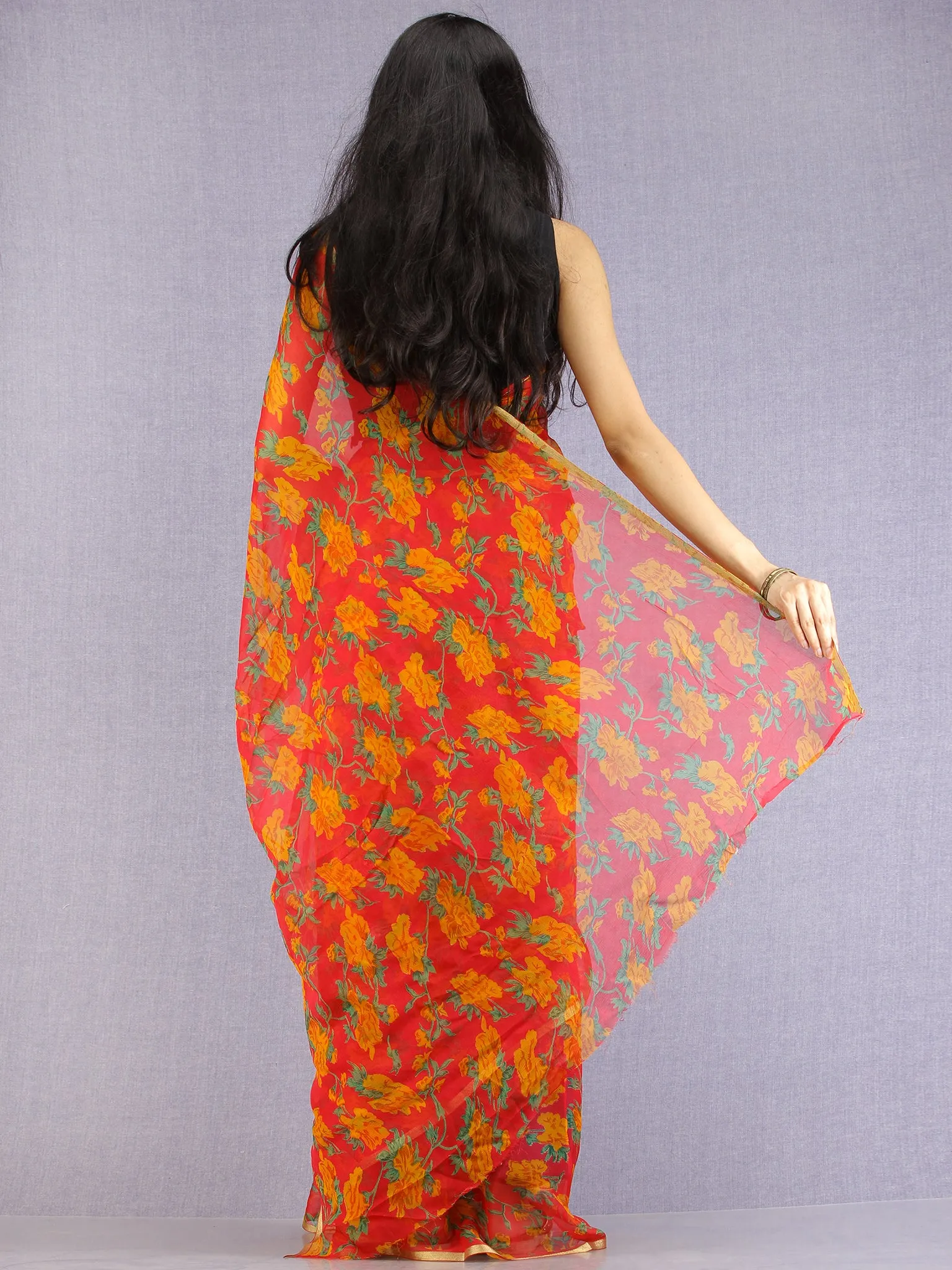 Red Green Yellow Hand Block Printed Chiffon Saree with Zari Border - S031704602