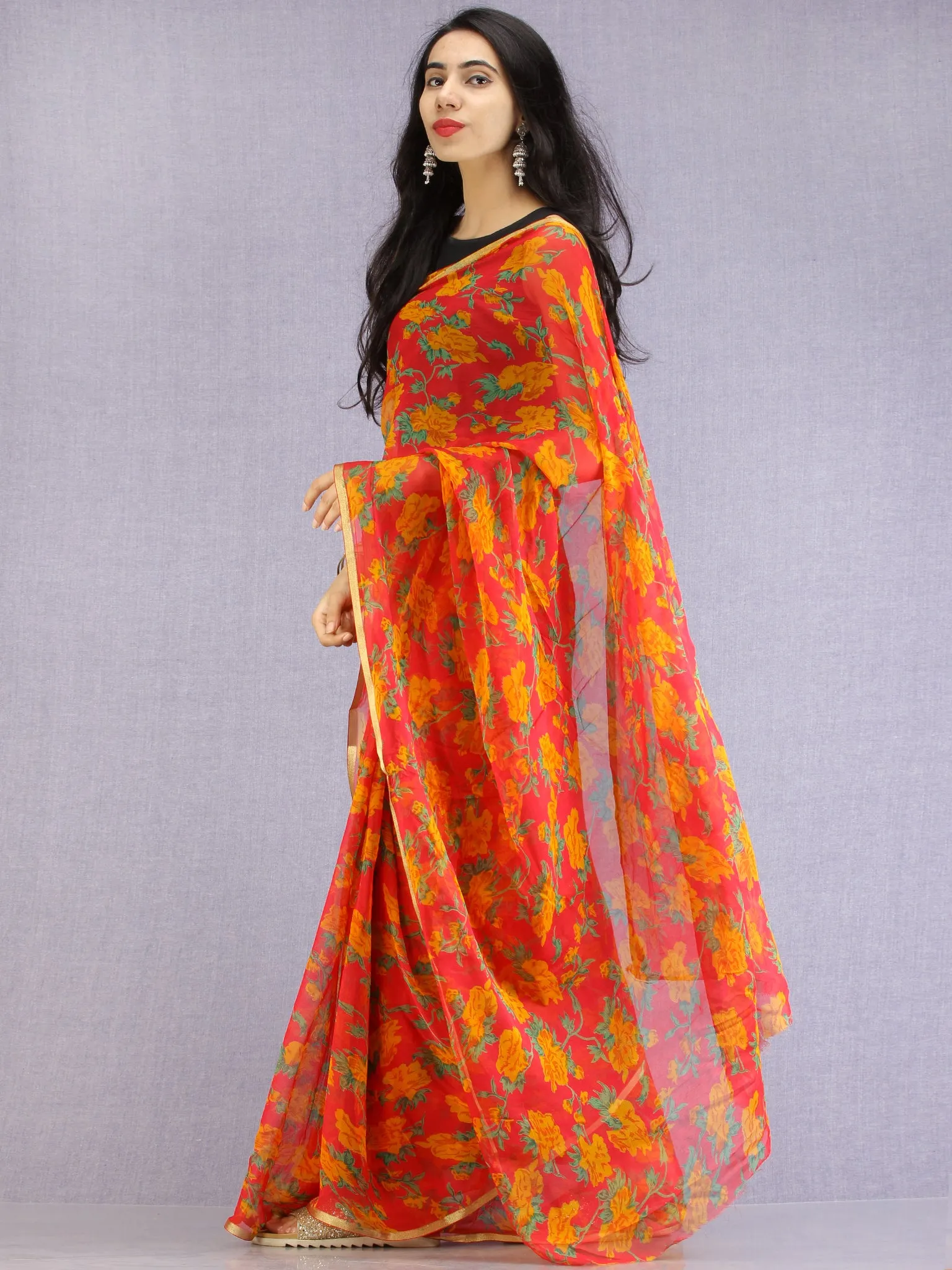 Red Green Yellow Hand Block Printed Chiffon Saree with Zari Border - S031704602