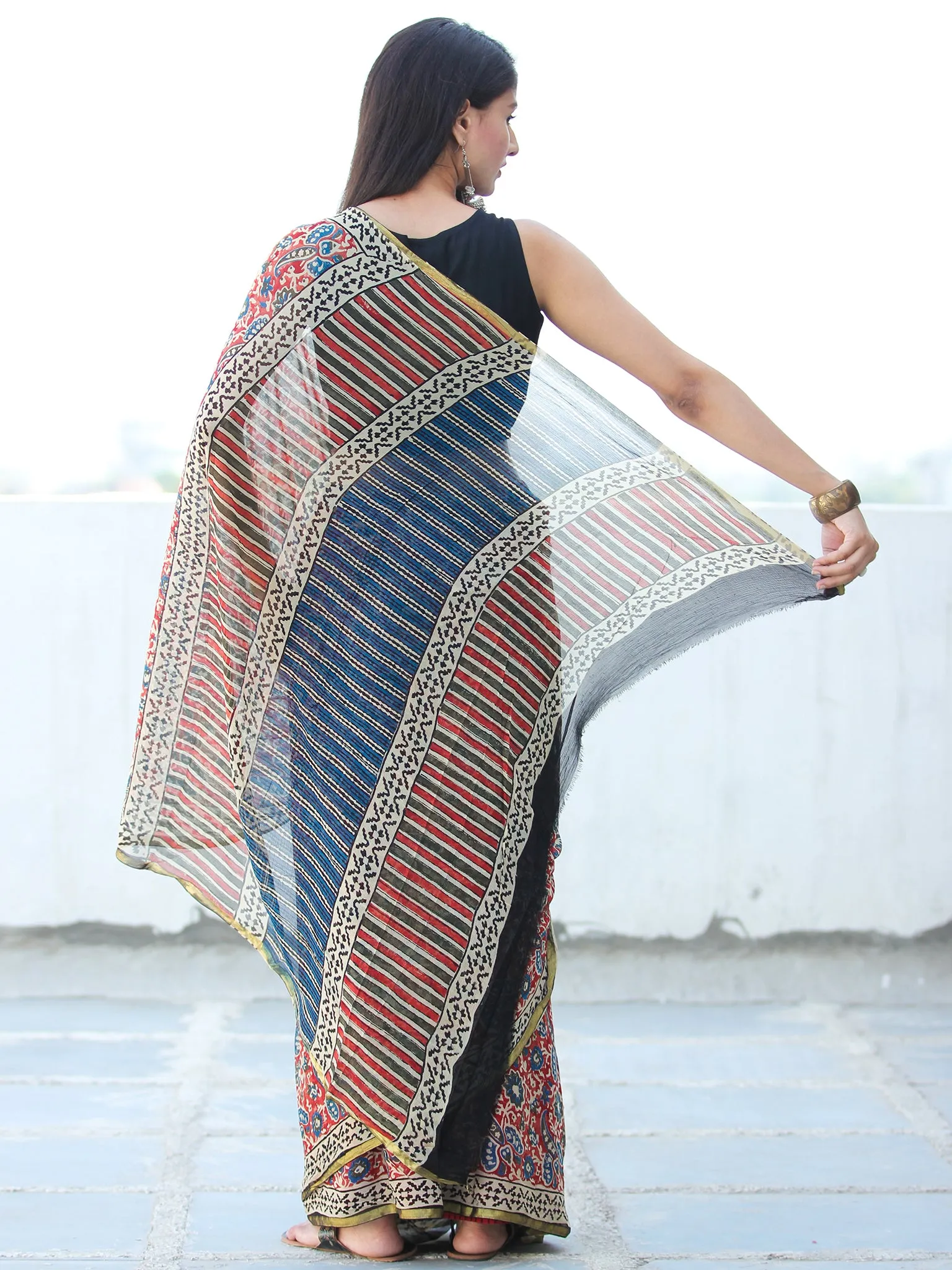 Red Indigo Ivory Hand Block Printed Chiffon Saree with Zari Border - S031703928