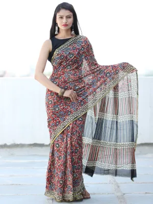 Red Indigo Ivory Hand Block Printed Chiffon Saree with Zari Border - S031703928