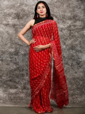 Red White Hand Block Printed Chiffon Saree with Zari Border - S031703224