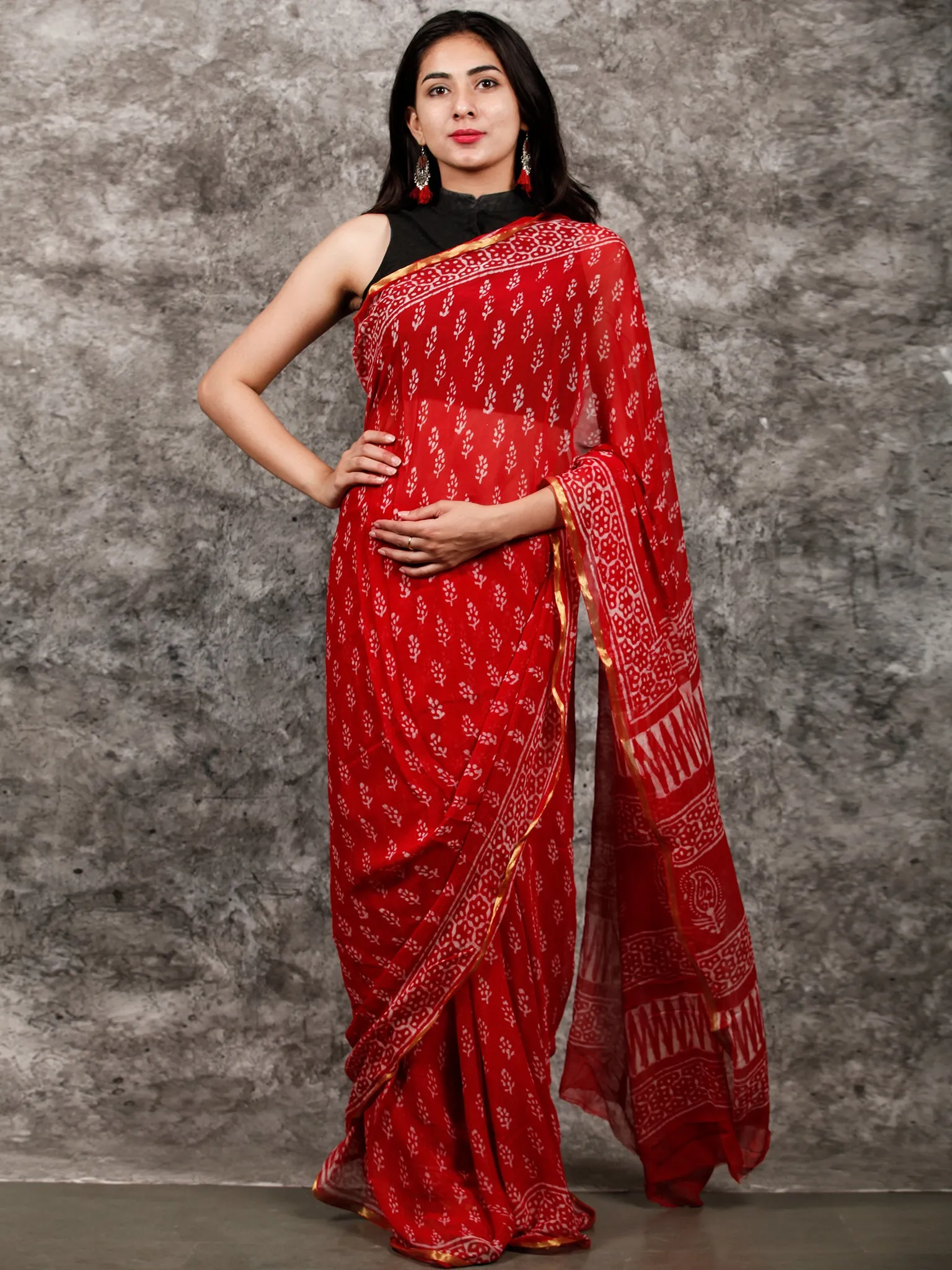 Red White Hand Block Printed Chiffon Saree with Zari Border - S031703224