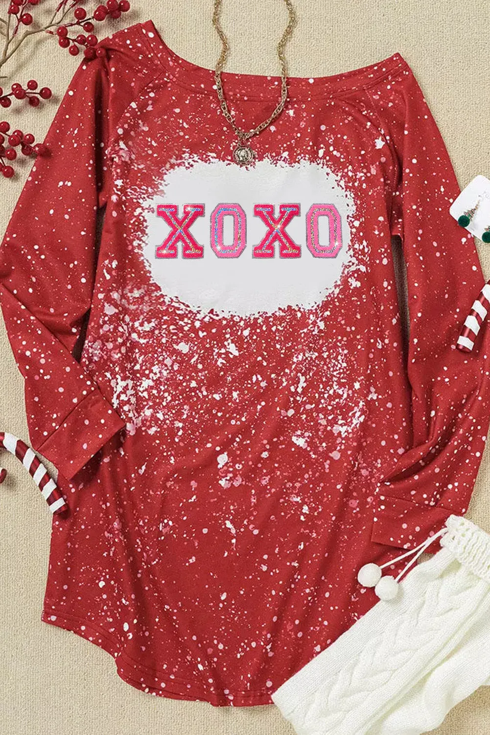Red XOXO Tie Dye Embroidered Sequin Shift Mini Dress