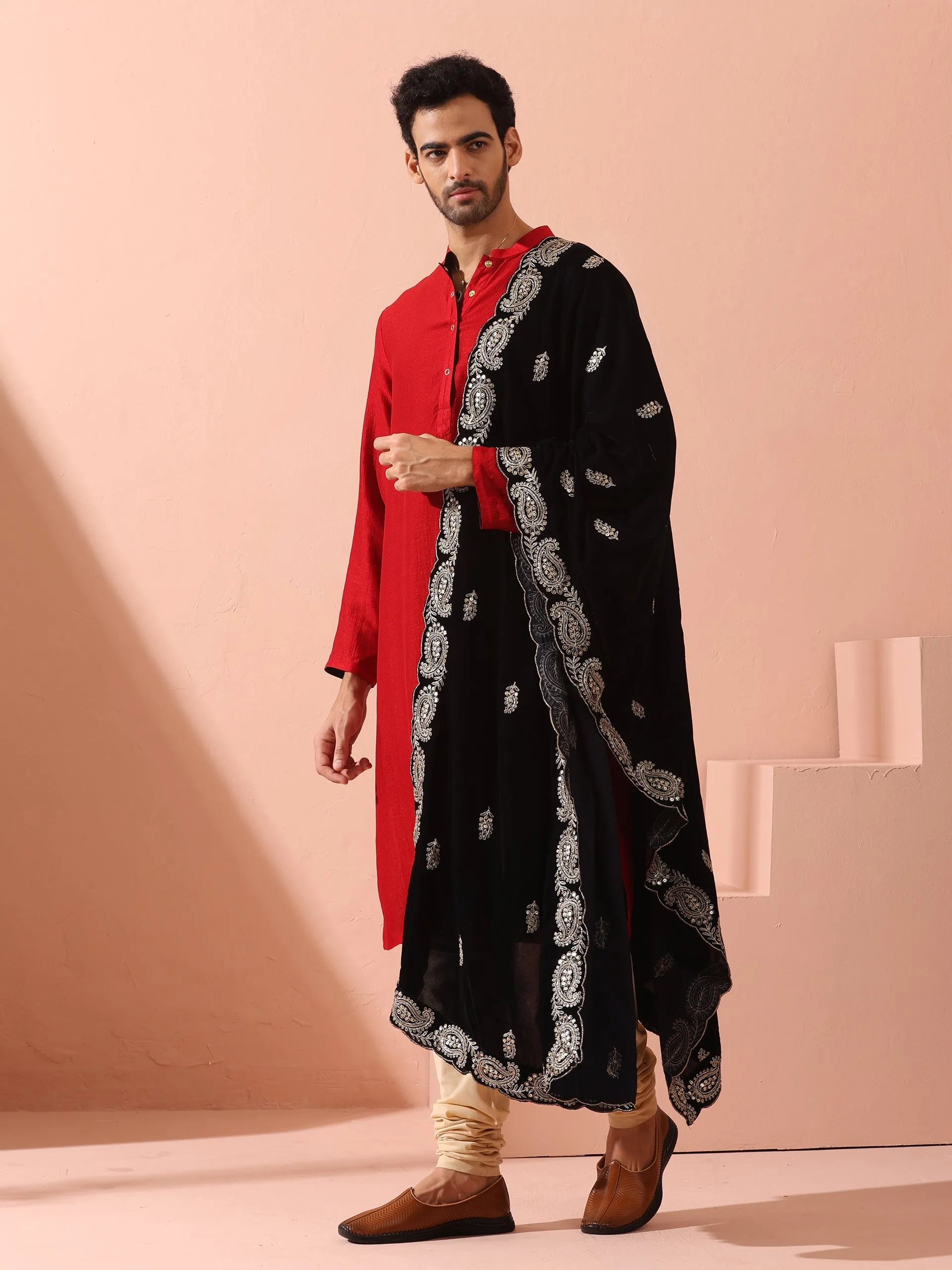 Reversable Connoisseur Red Black Kurta With Snaps