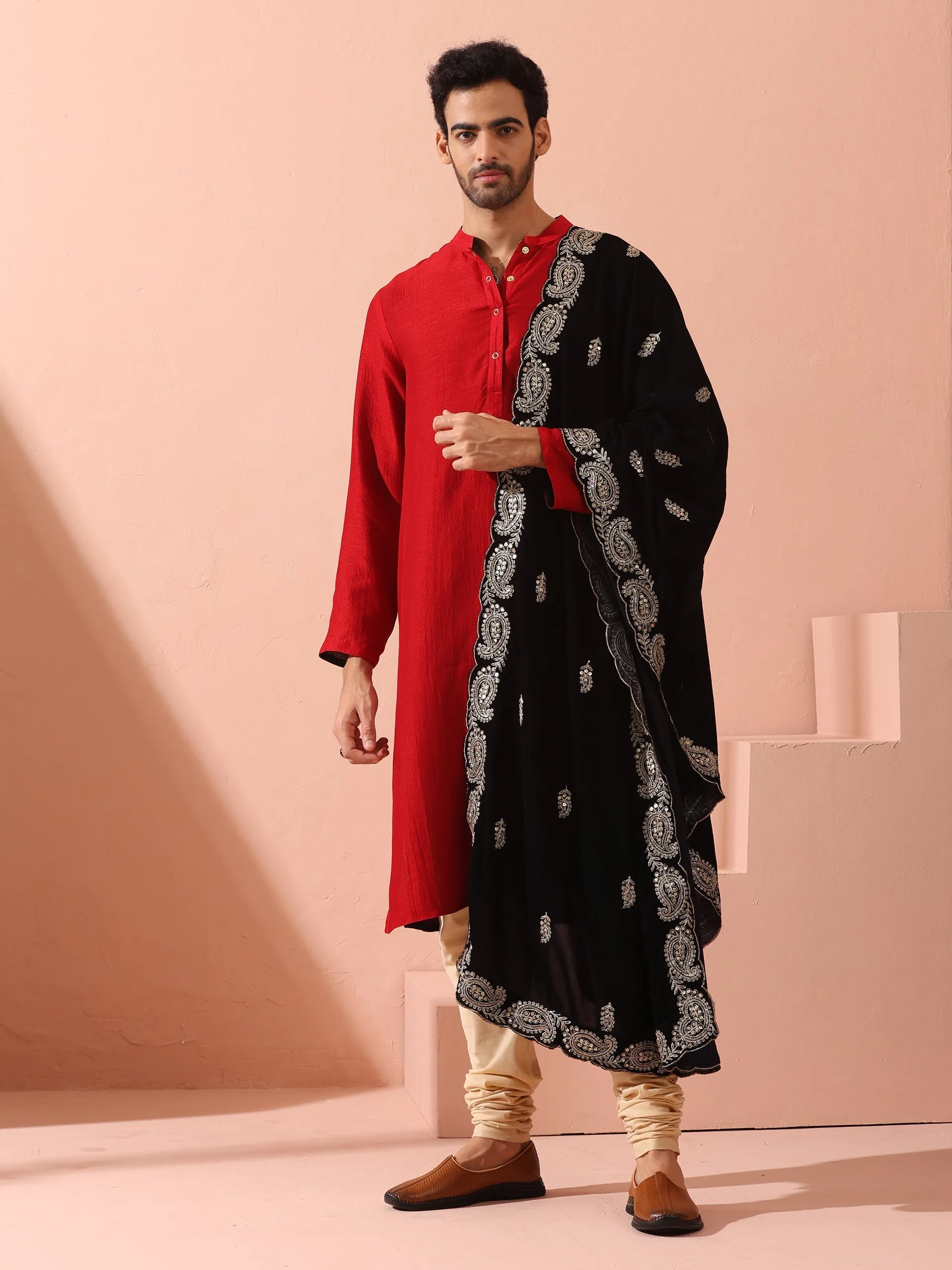 Reversable Connoisseur Red Black Kurta With Snaps