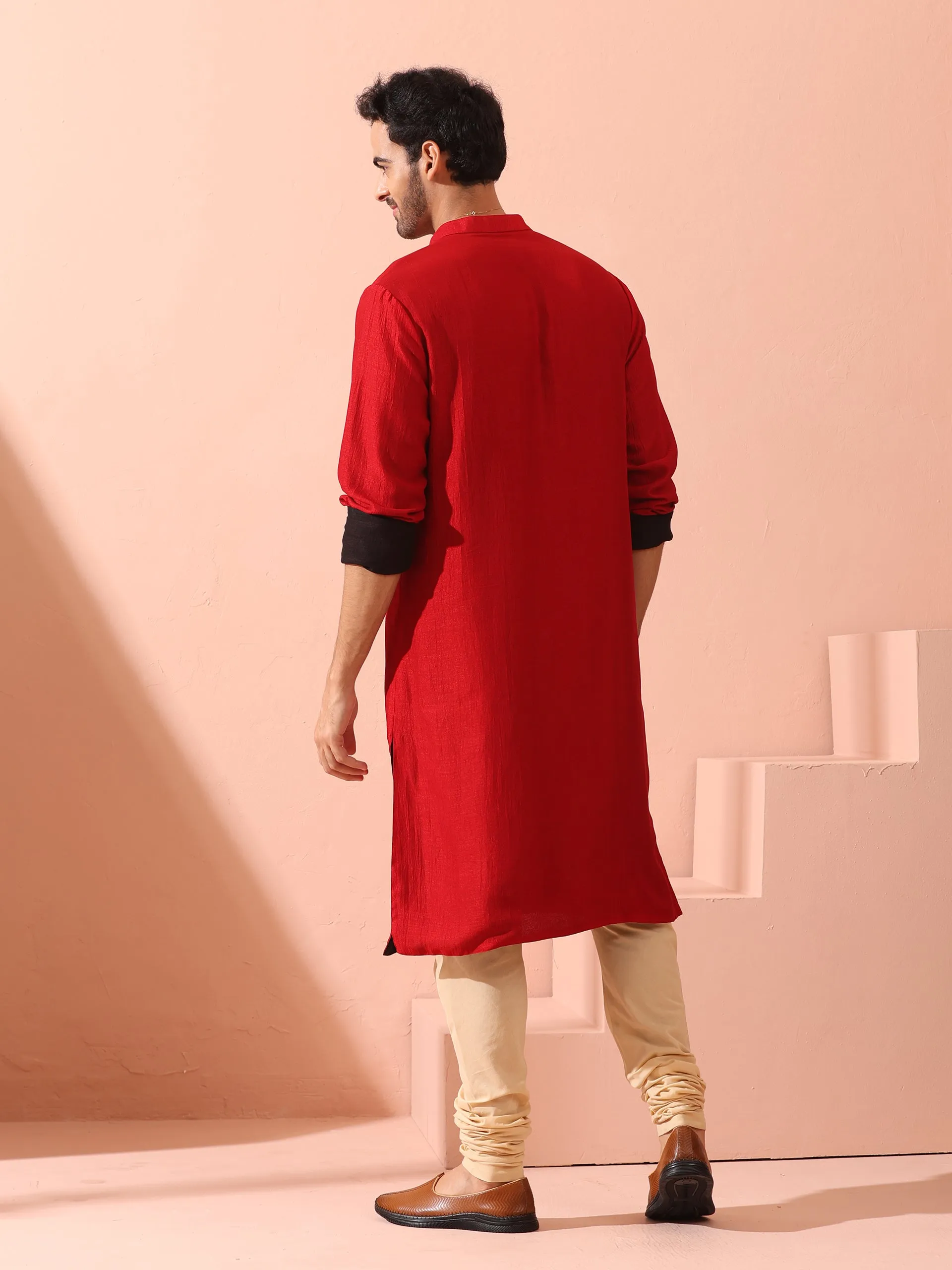 Reversable Connoisseur Red Black Kurta With Snaps