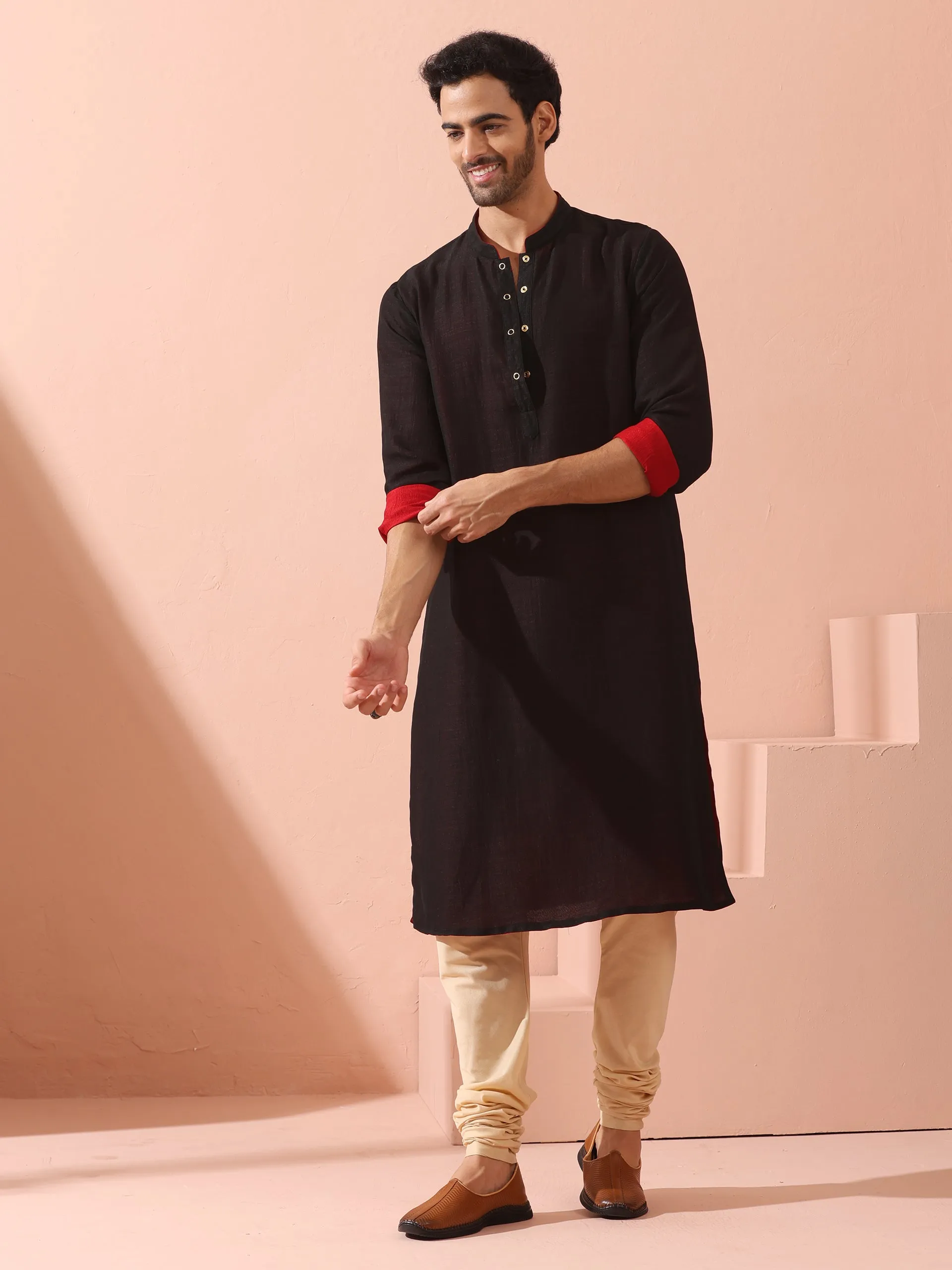 Reversable Connoisseur Red Black Kurta With Snaps