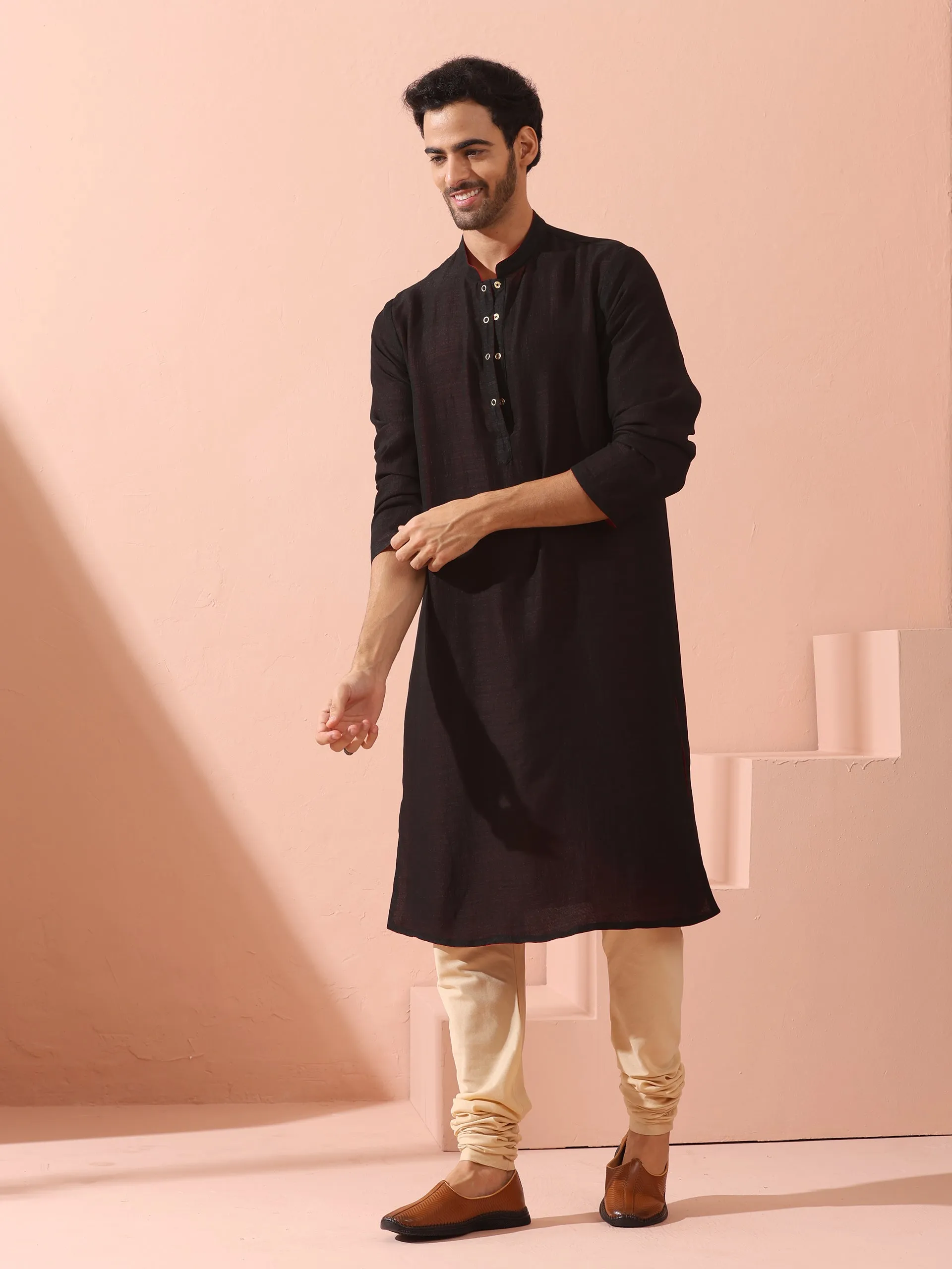 Reversable Connoisseur Red Black Kurta With Snaps