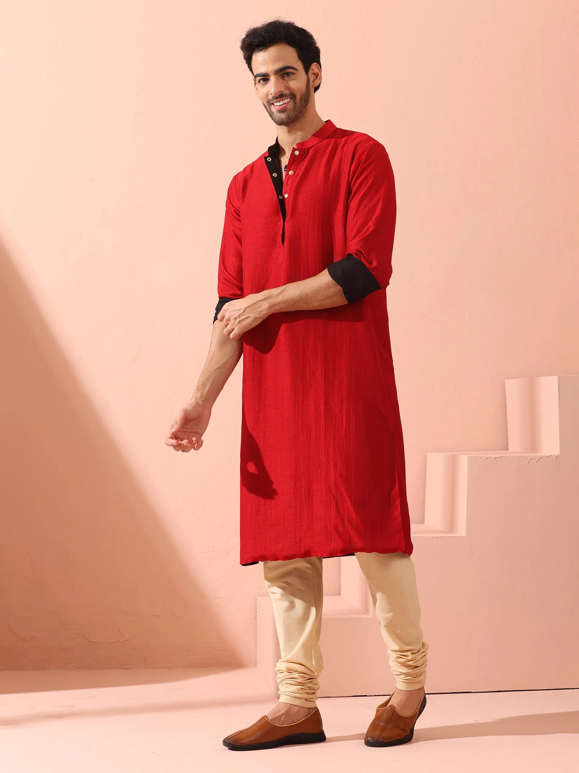 Reversable Connoisseur Red Black Kurta With Snaps