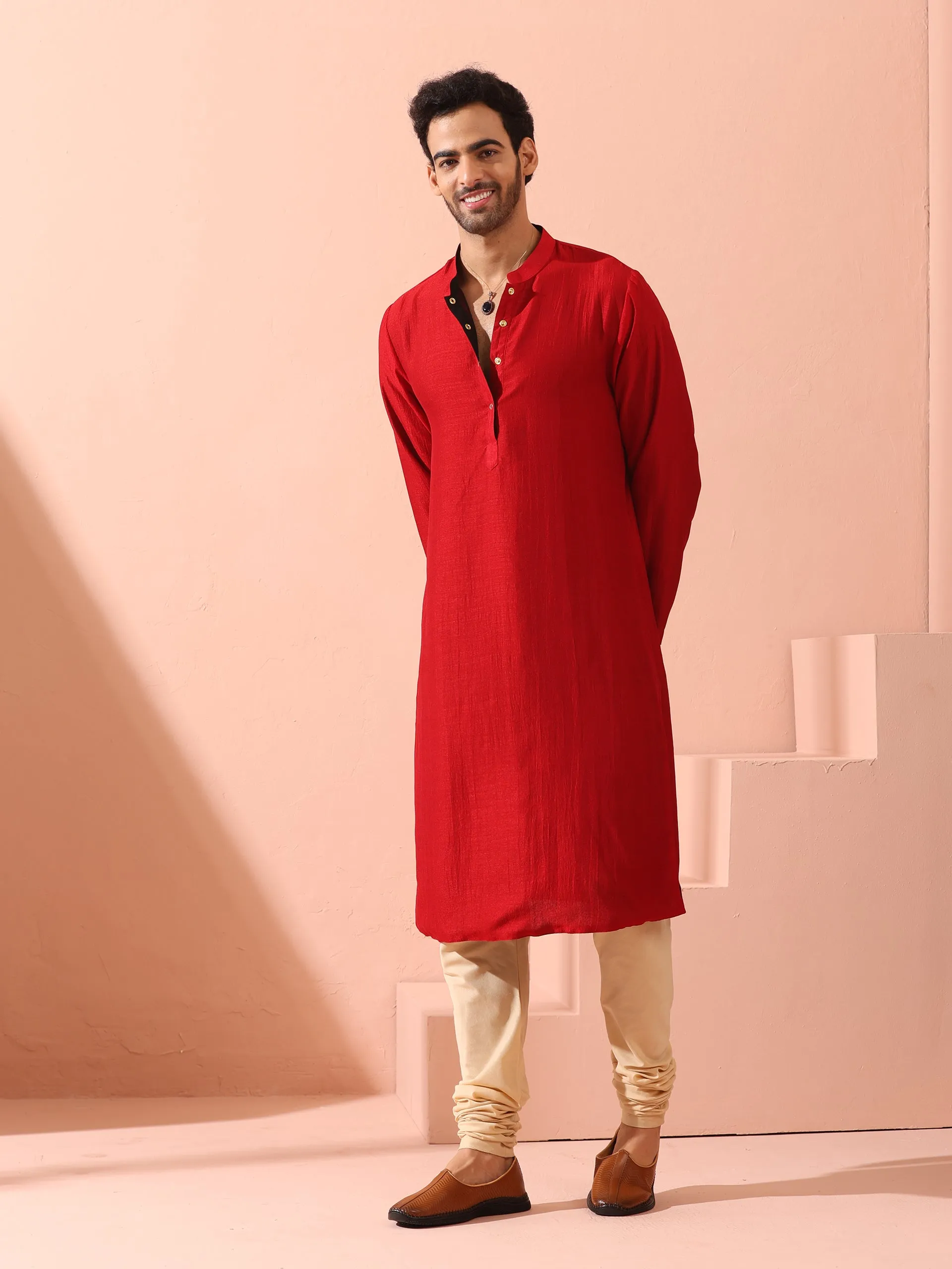Reversable Connoisseur Red Black Kurta With Snaps