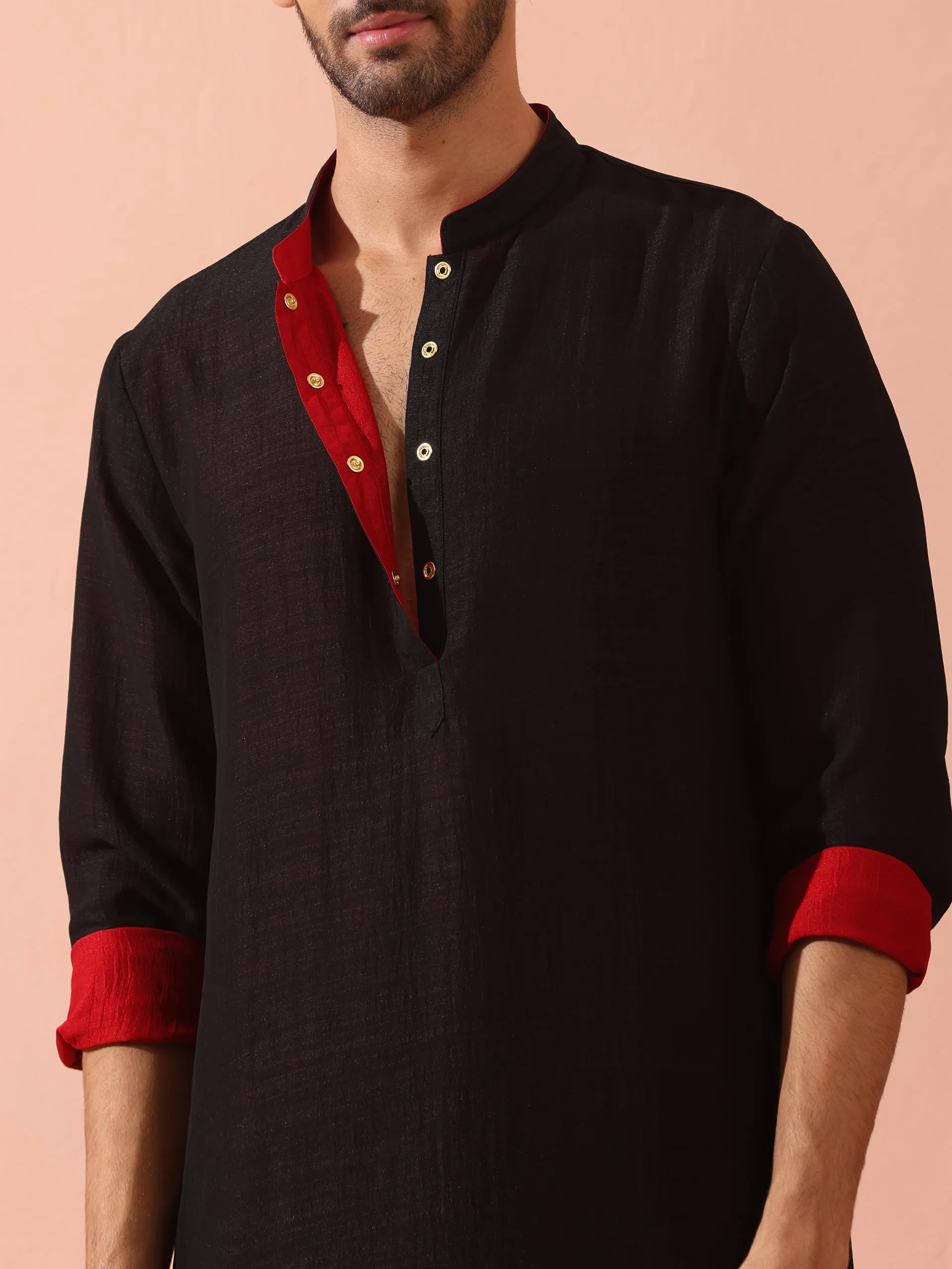 Reversable Connoisseur Red Black Kurta With Snaps
