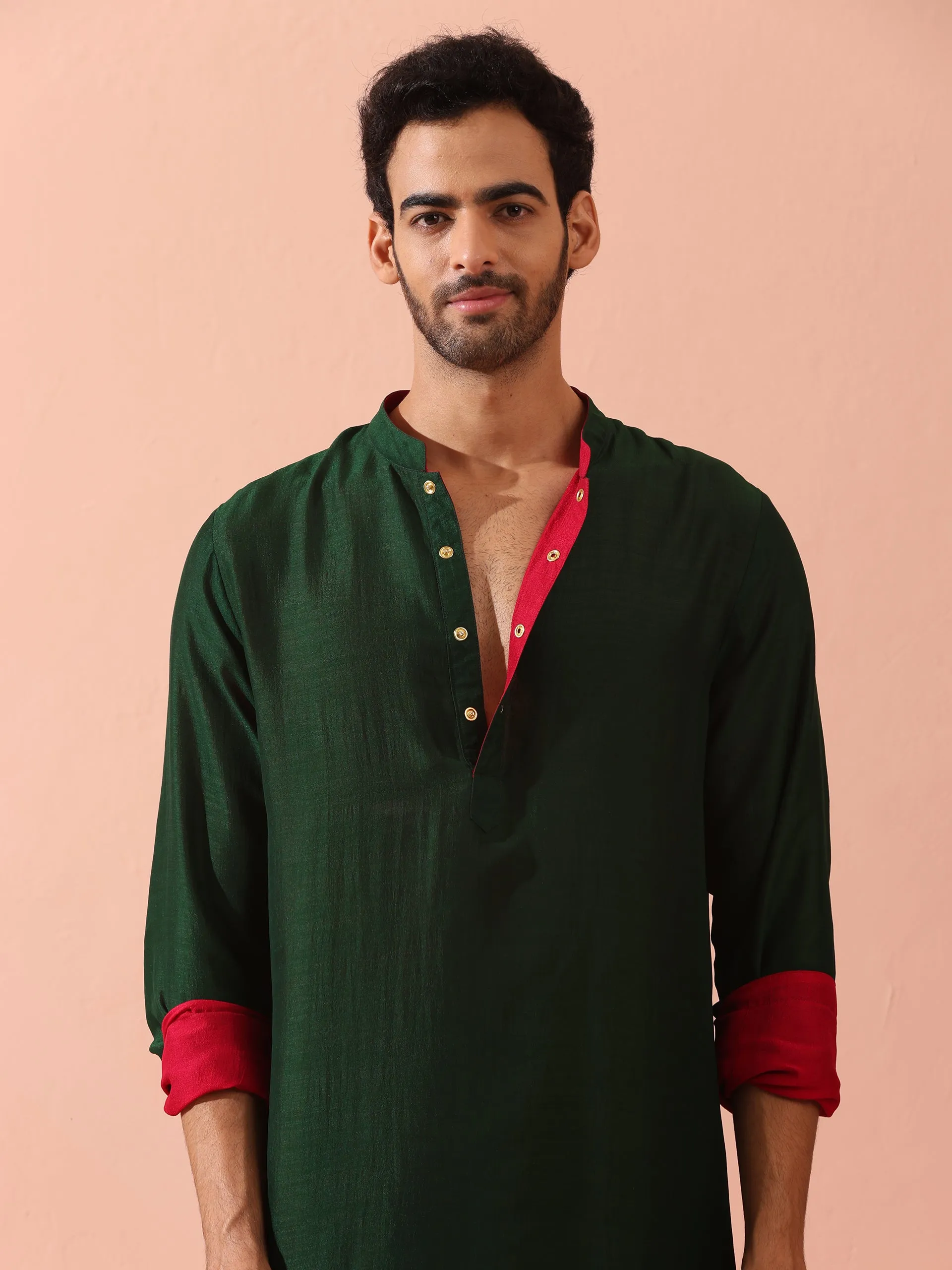 Reversable Yule Green and Red Kurta With Snaps