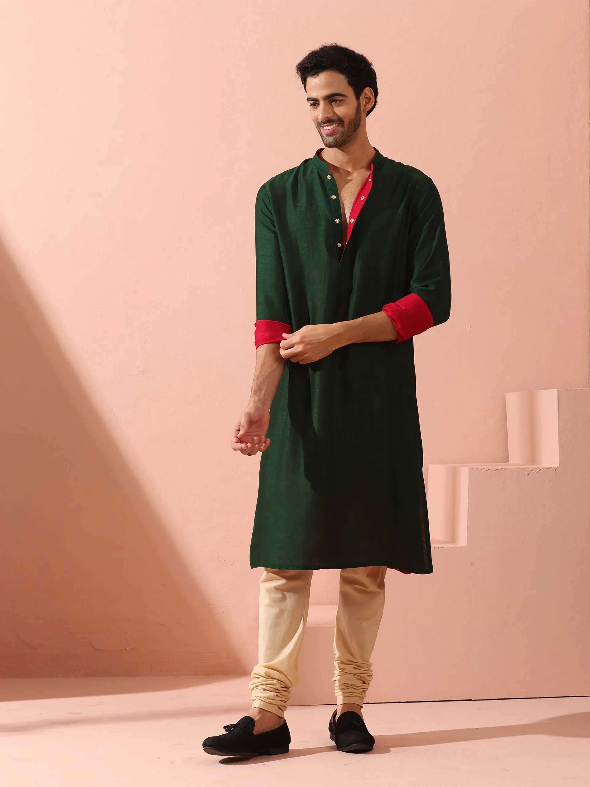 Reversable Yule Green and Red Kurta With Snaps
