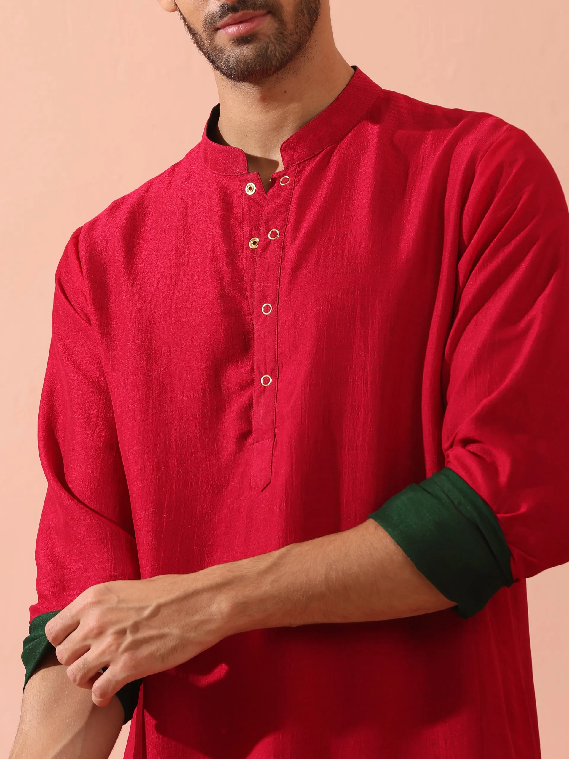 Reversable Yule Green and Red Kurta With Snaps