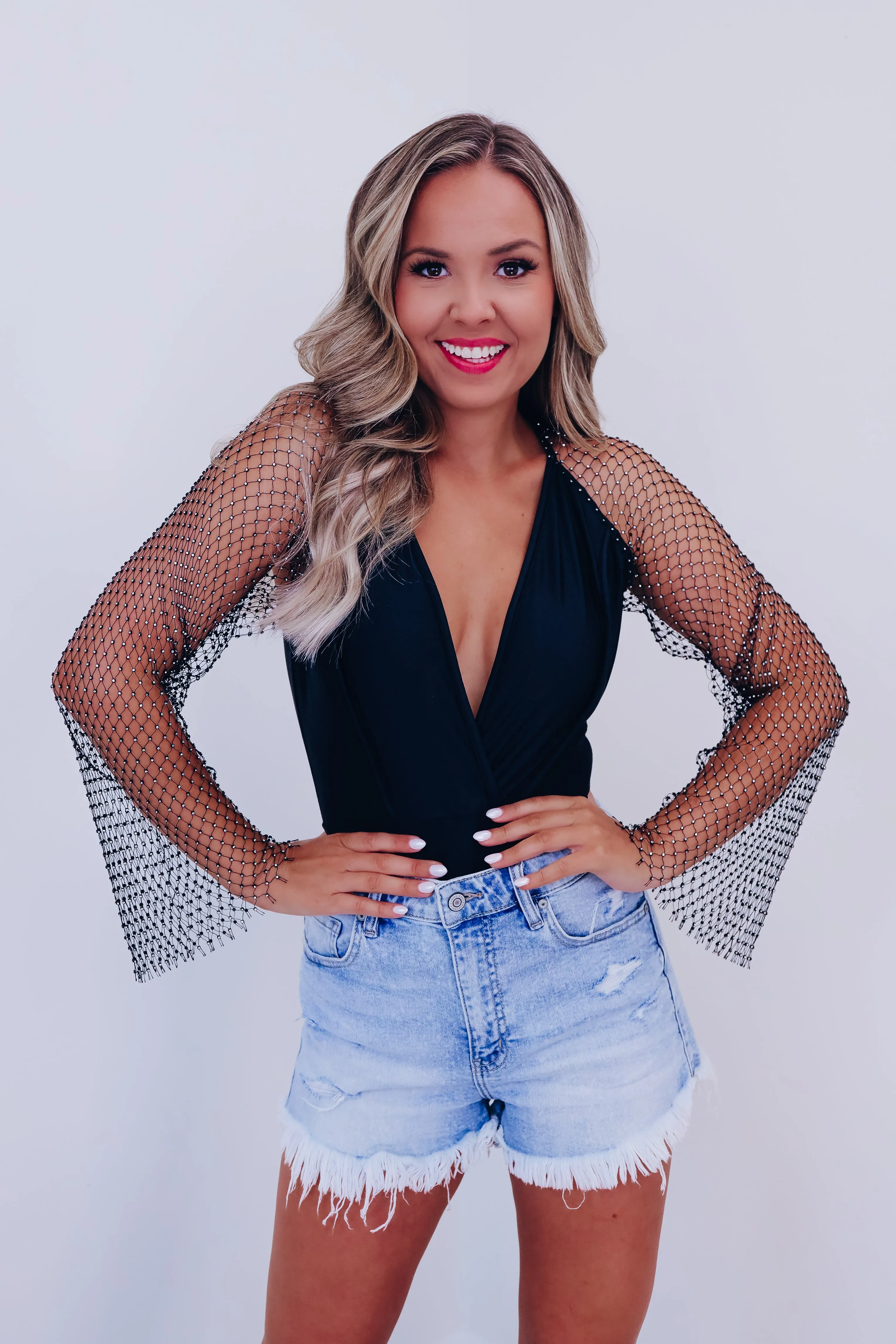 Riki Mesh Rhinestone Sleeve Bodysuit - Black