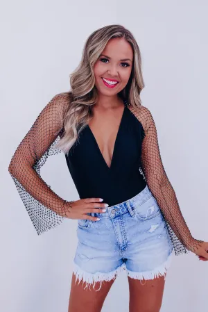 Riki Mesh Rhinestone Sleeve Bodysuit - Black