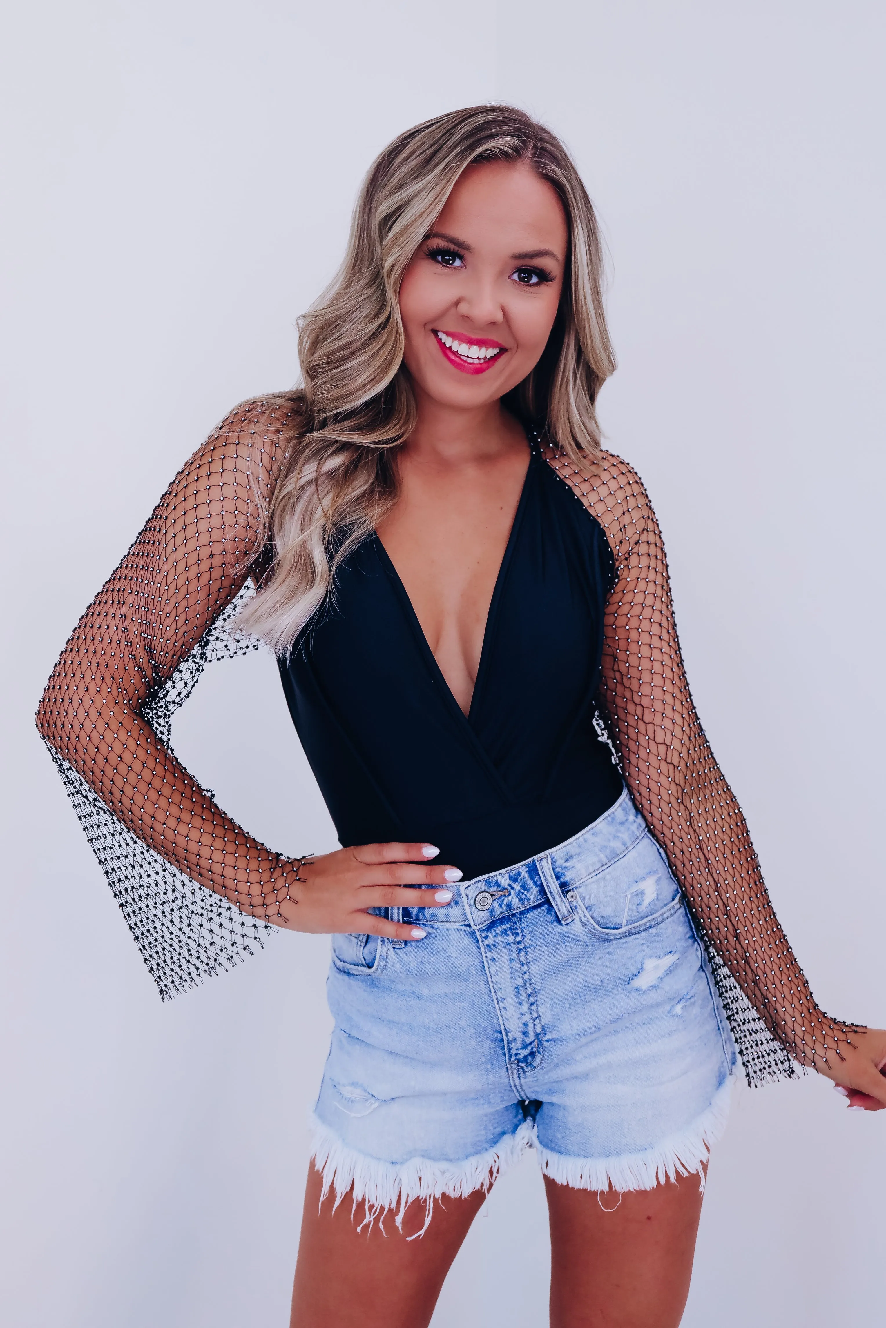 Riki Mesh Rhinestone Sleeve Bodysuit - Black