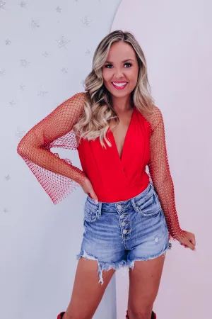 Riki Mesh Rhinestone Sleeve Bodysuit - Red