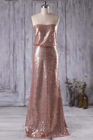 Rose-gold Sequins Bridesmaid Dresses with Strapless Bodice