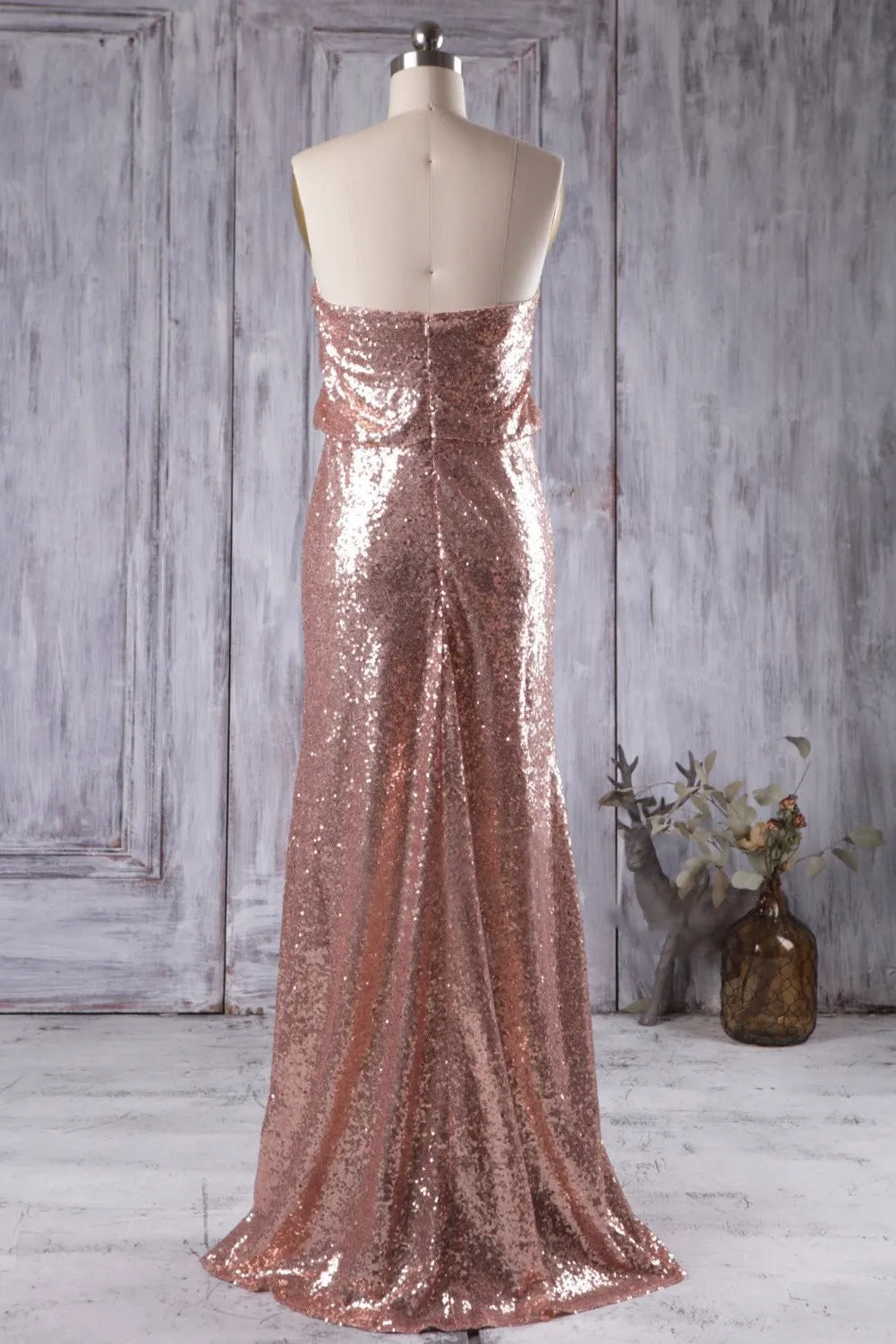 Rose-gold Sequins Bridesmaid Dresses with Strapless Bodice