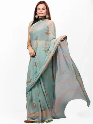 Sage Green Orange Hand Block Printed Chiffon Saree with Zari Border - S031703424