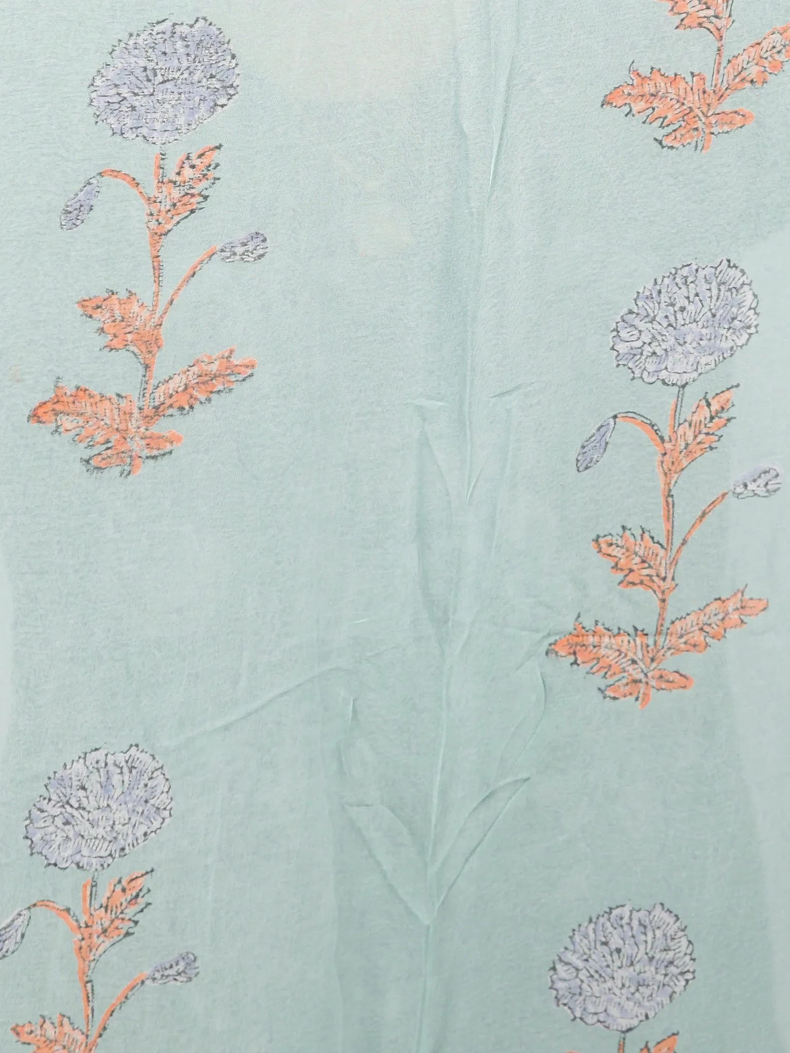 Sage Green Orange Hand Block Printed Chiffon Saree with Zari Border - S031703424