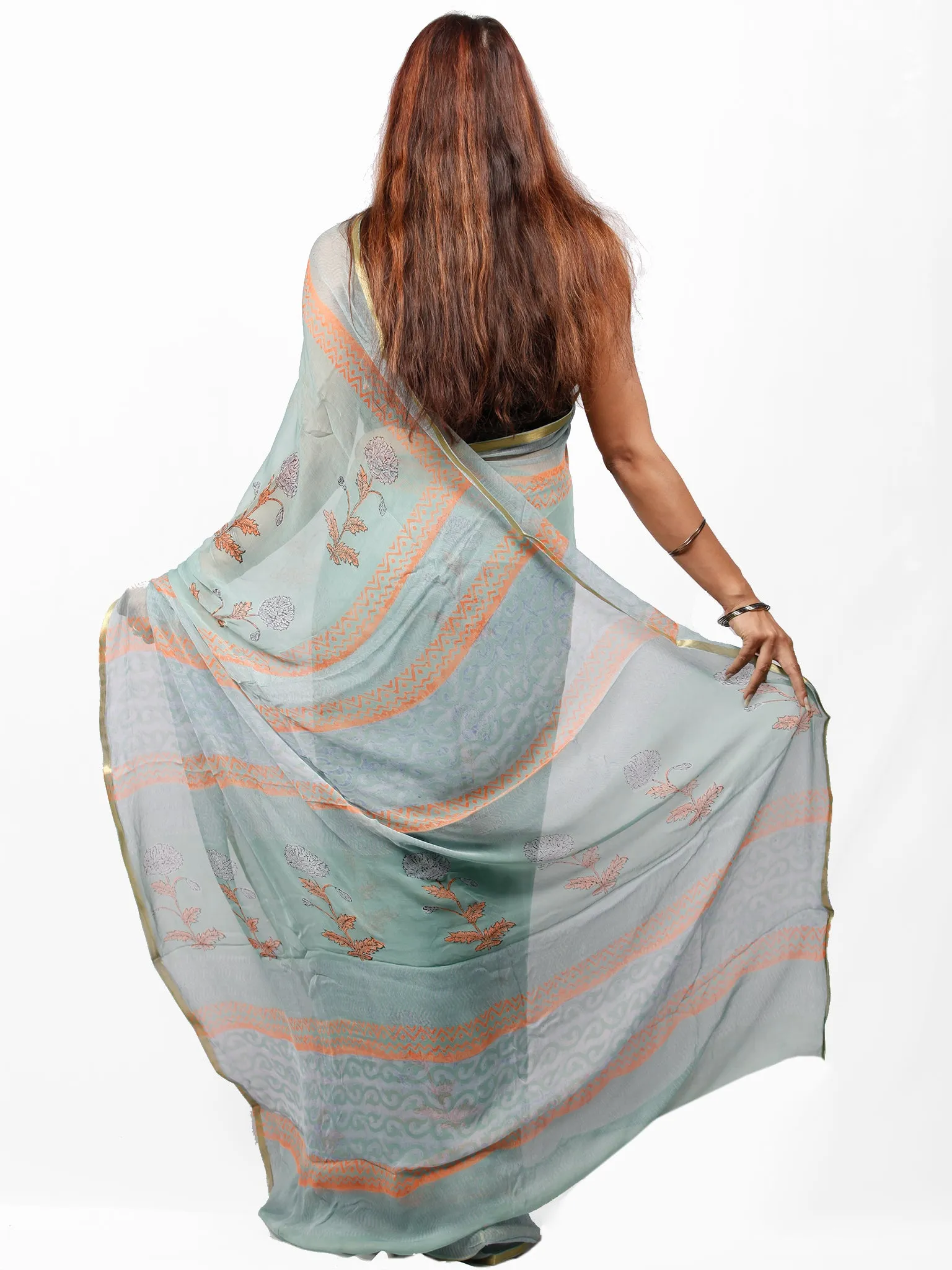 Sage Green Orange Hand Block Printed Chiffon Saree with Zari Border - S031703424