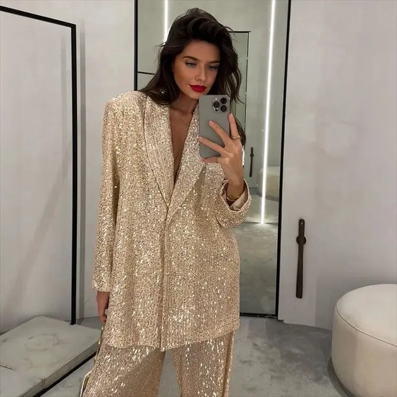 Sequin Blazer and Trousers Set - Casual Womens Fashion Suit
