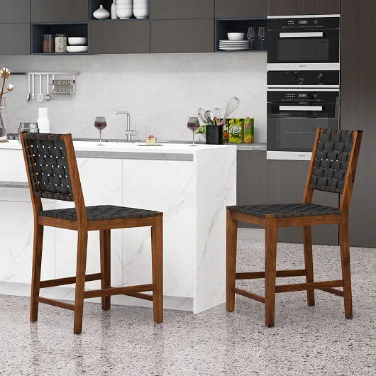 Set of 2 Woven Bar Stools with Faux PU Leather Straps-Black - Color: Black