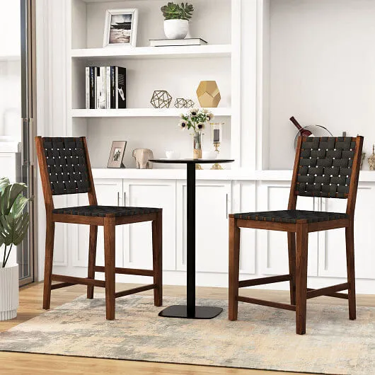 Set of 2 Woven Bar Stools with Faux PU Leather Straps-Black - Color: Black
