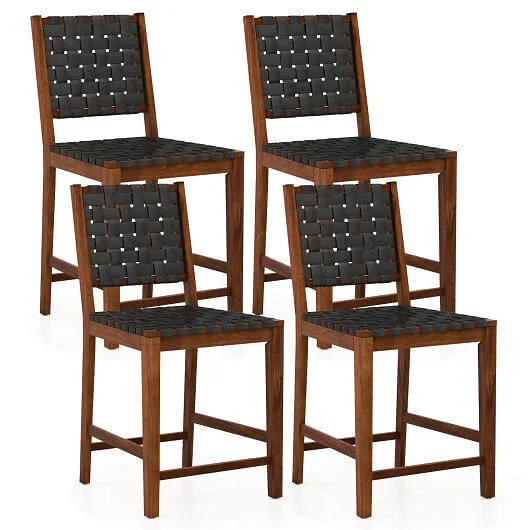 Set of 2 Woven Bar Stools with Faux PU Leather Straps-Black - Color: Black