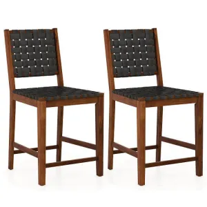 Set of 2 Woven Bar Stools with Faux PU Leather Straps-Black - Color: Black