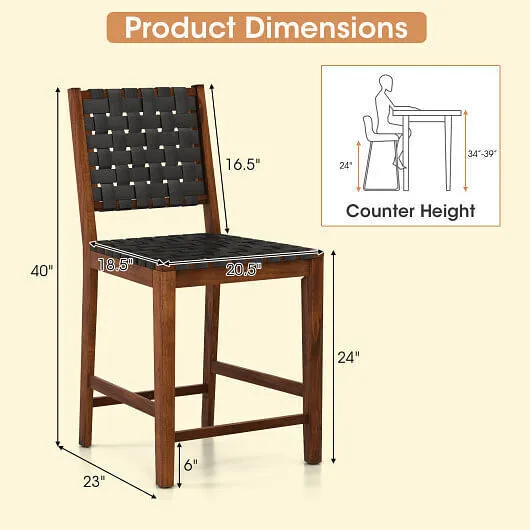 Set of 2 Woven Bar Stools with Faux PU Leather Straps-Black - Color: Black